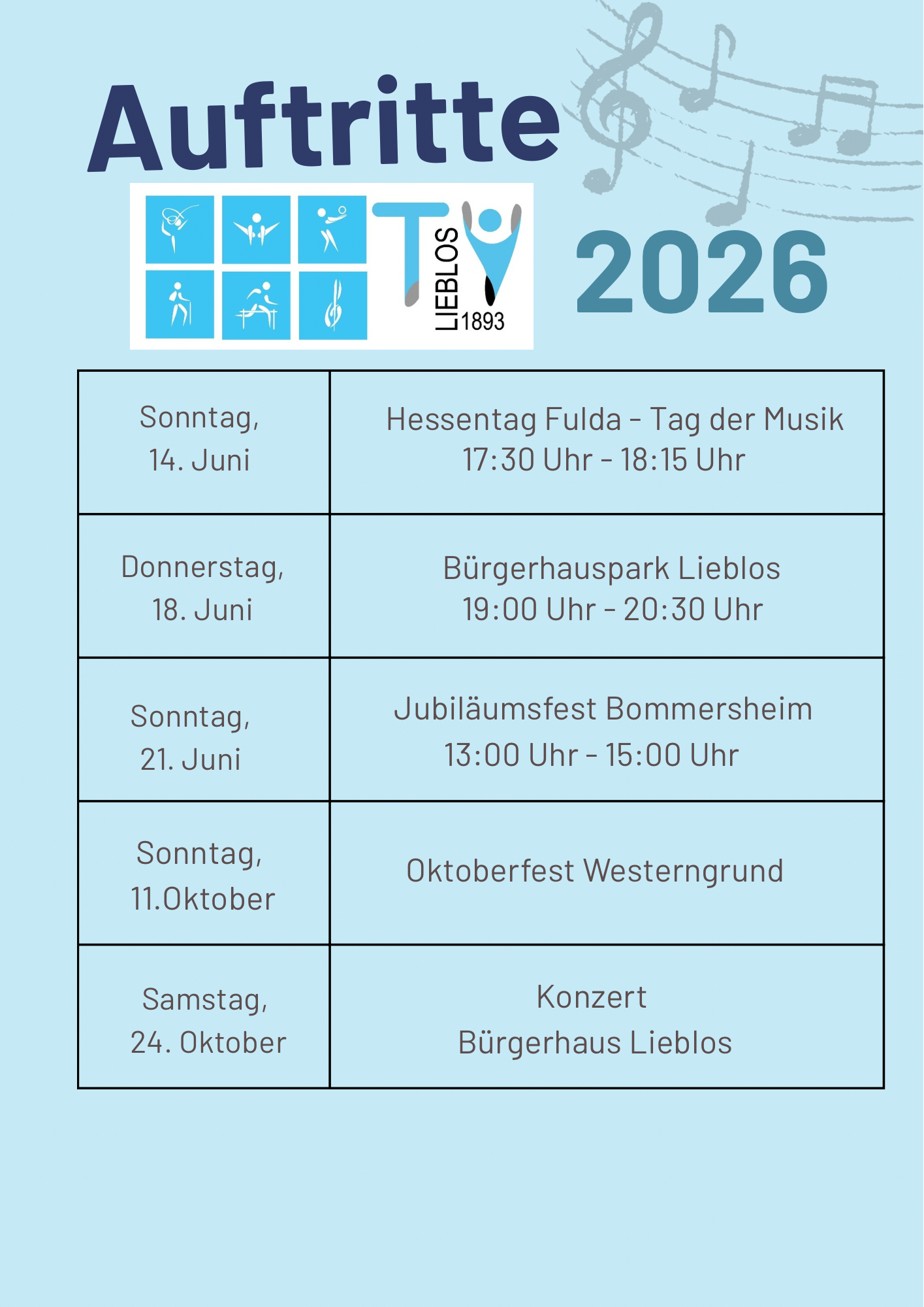 Auftritte des Blasorchesters des TV Lieblos 2026